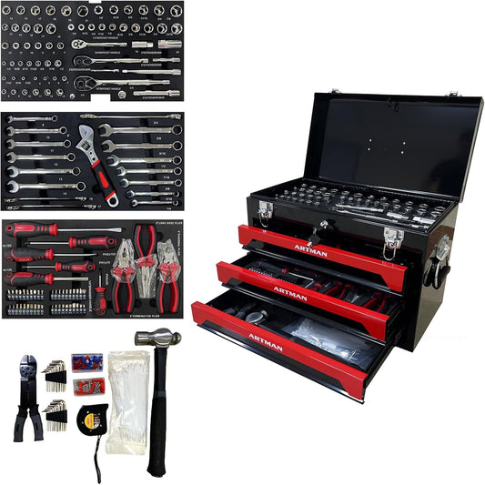 439-Piece Mechanic Tool Set in Heavy-Duty 3-Drawer Steel Box with 4-Tier Socket, Wrenches & Pliers. Portable Household Tool Kit Organizer Case for Auto Repair, Garage, Workshop. Red