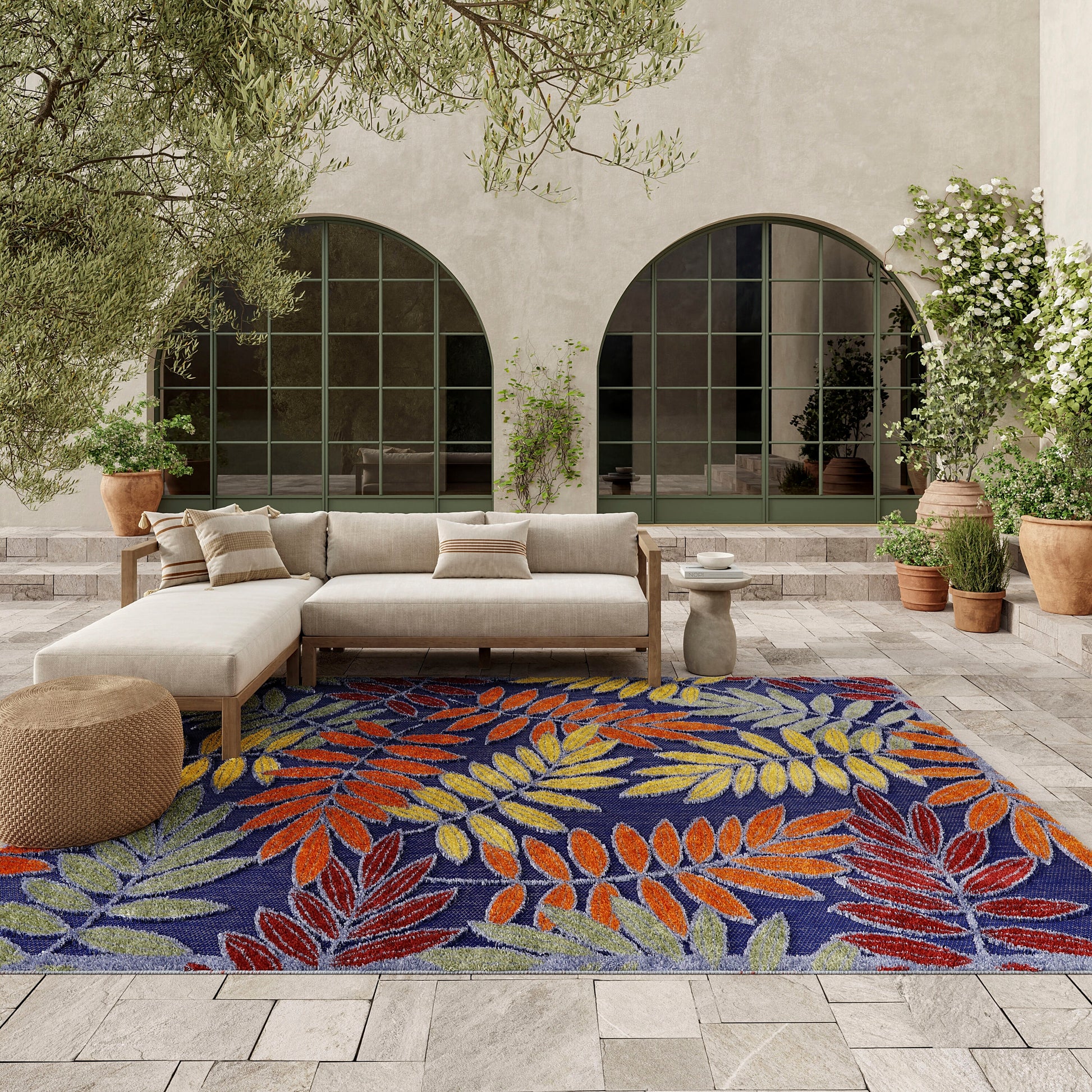 Nourison Home Aloha 9 x 12 (ft) Loomed Navy Multicolor Rectangular Indoor/Outdoor Floral/Botanical Tropical Area rug