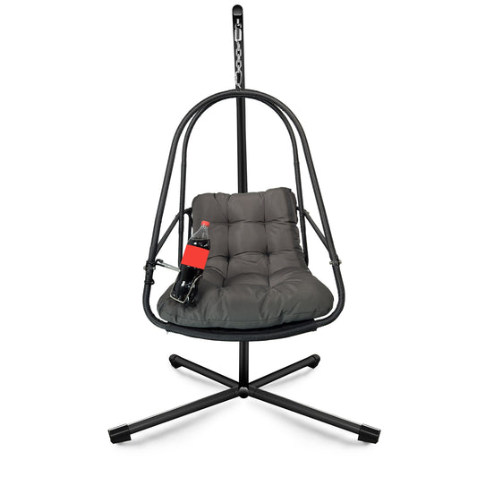 CESICIA Patio Chairs Wicker Black Steel Frame Hanging Egg Chair with Gray Cushioned Seat