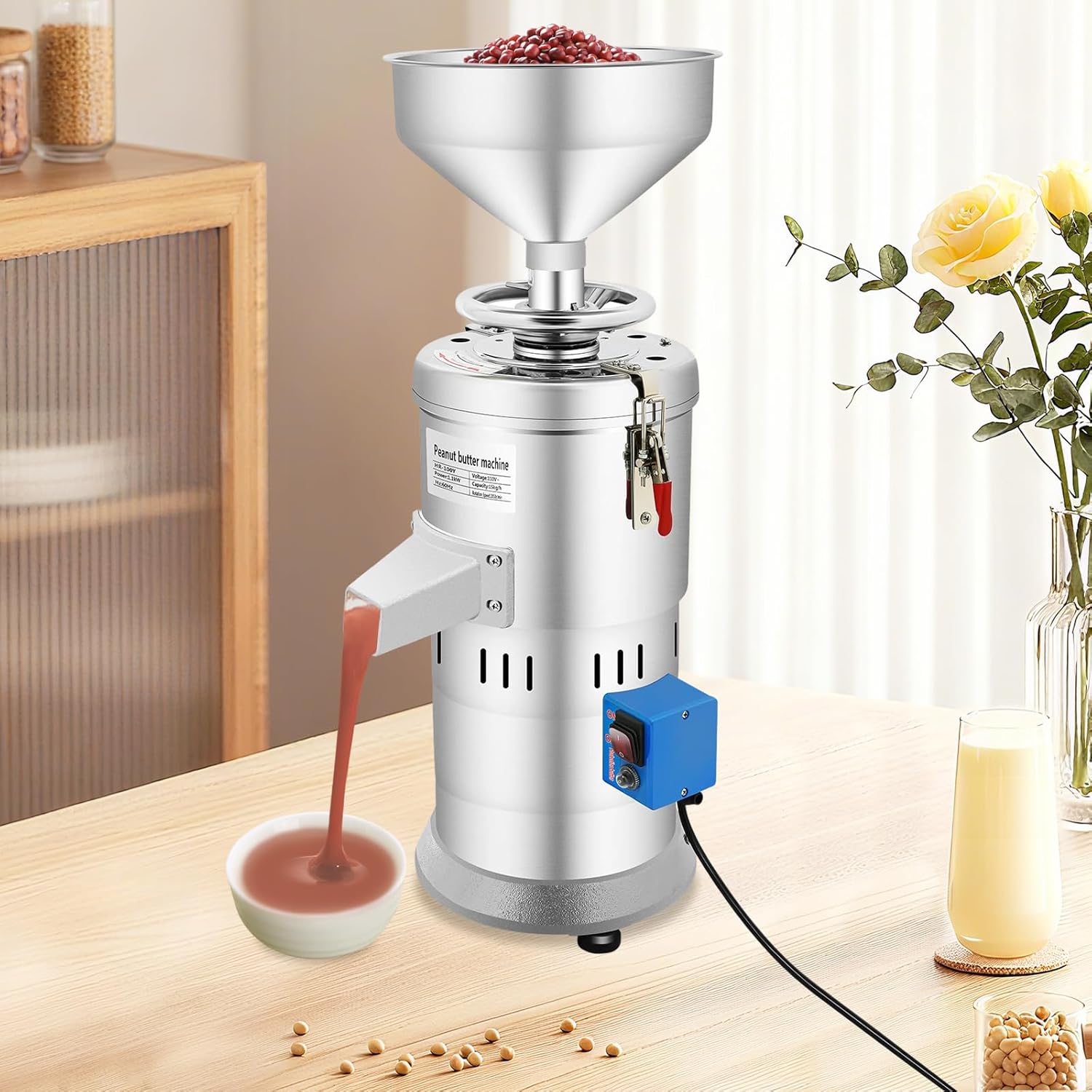 Peanut Butter Maker Machine 1100W 33LB/H Nut Butter Maker Electric Grain Grinder Stainless Steel Sesame Sauce Grinding Machine for Home Commercial Groundnut Almond Cashew Nut 110V