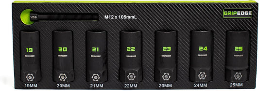 GRIPEDGE Tools | 7-PC – 1/2'' Drive Deep Metric RPT Socket Extractor Set | Sizes 19 – 25 MM | Removes Broken Studs, Stripped Bolts and Lug Nuts | Includes Premium EVA Foam Storage|