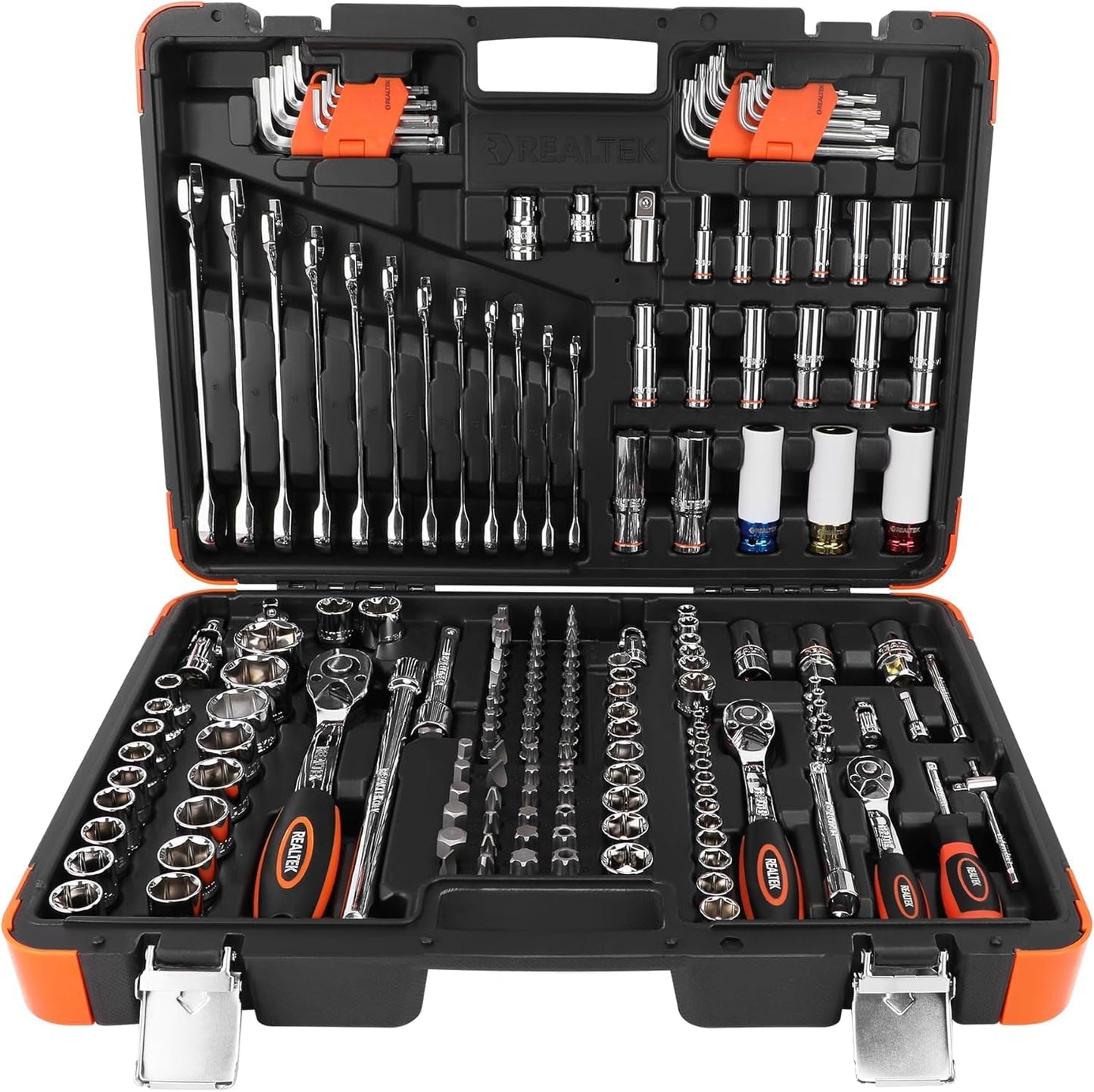 REALTEK 178 Pieces Socket Wrench Set 1\/4"3\/8"1\/2",CR-V Metric Wrench Set with Extension Bar,Quick-Release Ratchet Wrench with Bit Socket Set for Auto Repairing,Household and Workshop,Durable Tool Box