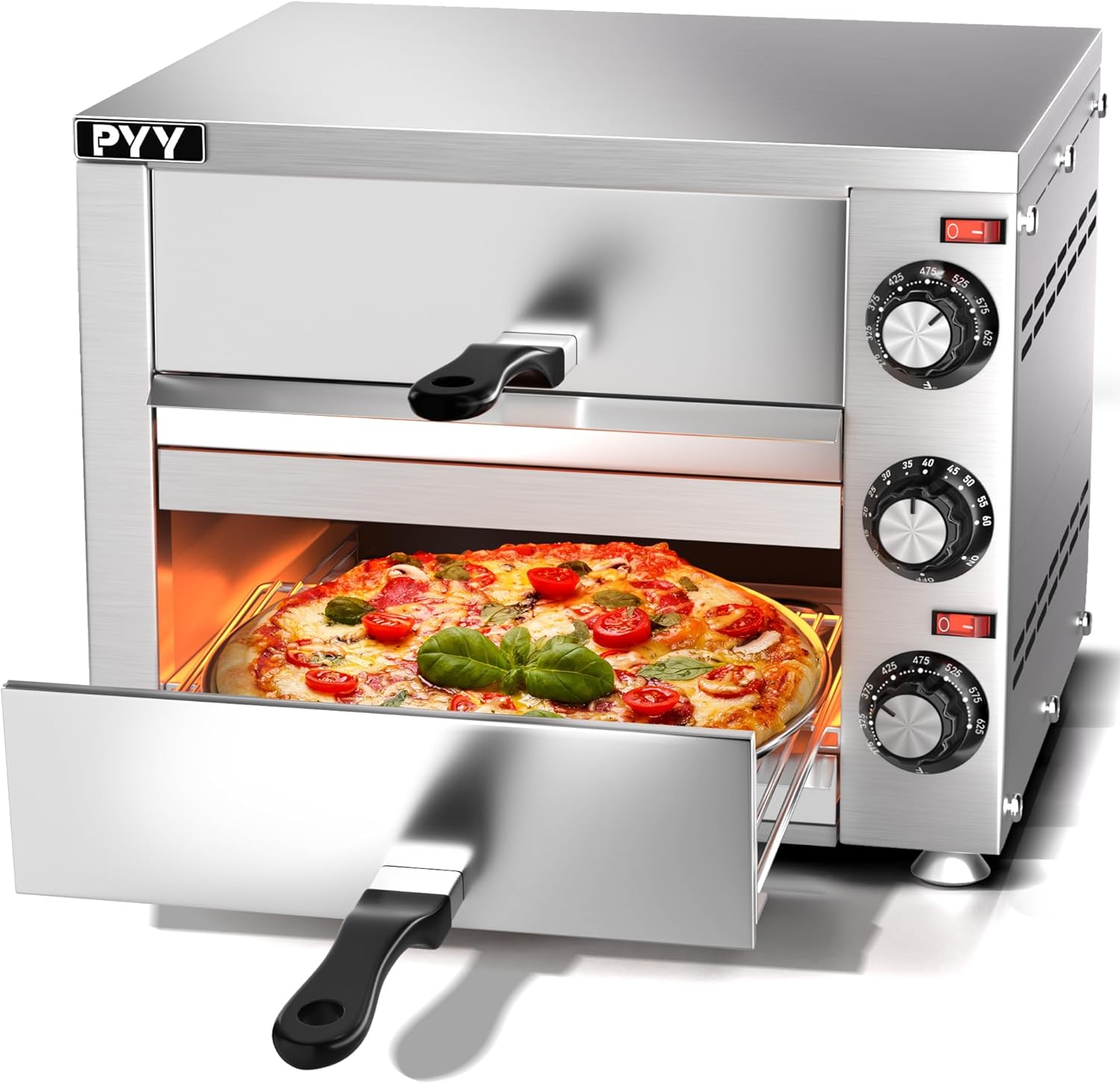 PYY Commercial Pizza Oven -12 Inch Double Decker Pizza Ovens 2-Layers Countertop Pizza Cooker Electric Indoor with Timer Stainless Steel Pizza Maker for Party Restaurant Home, Silver