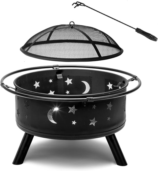 30-inch Portable Outdoor Fire Pit, Star Ventilation Mesh Wood Burning Firepit with Spark Screen and Outer Ring & Poker, Heavy-Duty Courtyard Metal Brazier for Backyard Camping Patio (Black)