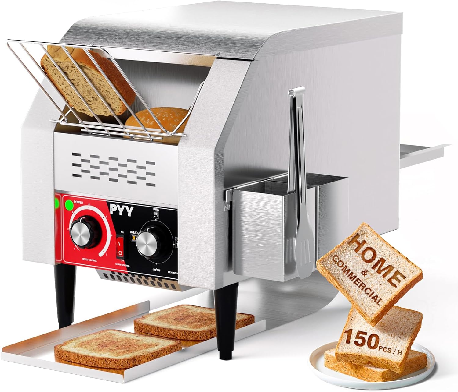 PYY Commercial Conveyor Toaster - Electric Industrial Belt Toasters Oven, 150 Slices/Hour Heavy Duty, Stainless Steel for Bun Bagel Bread Waffle Hone Restaurant Buffet 1400W