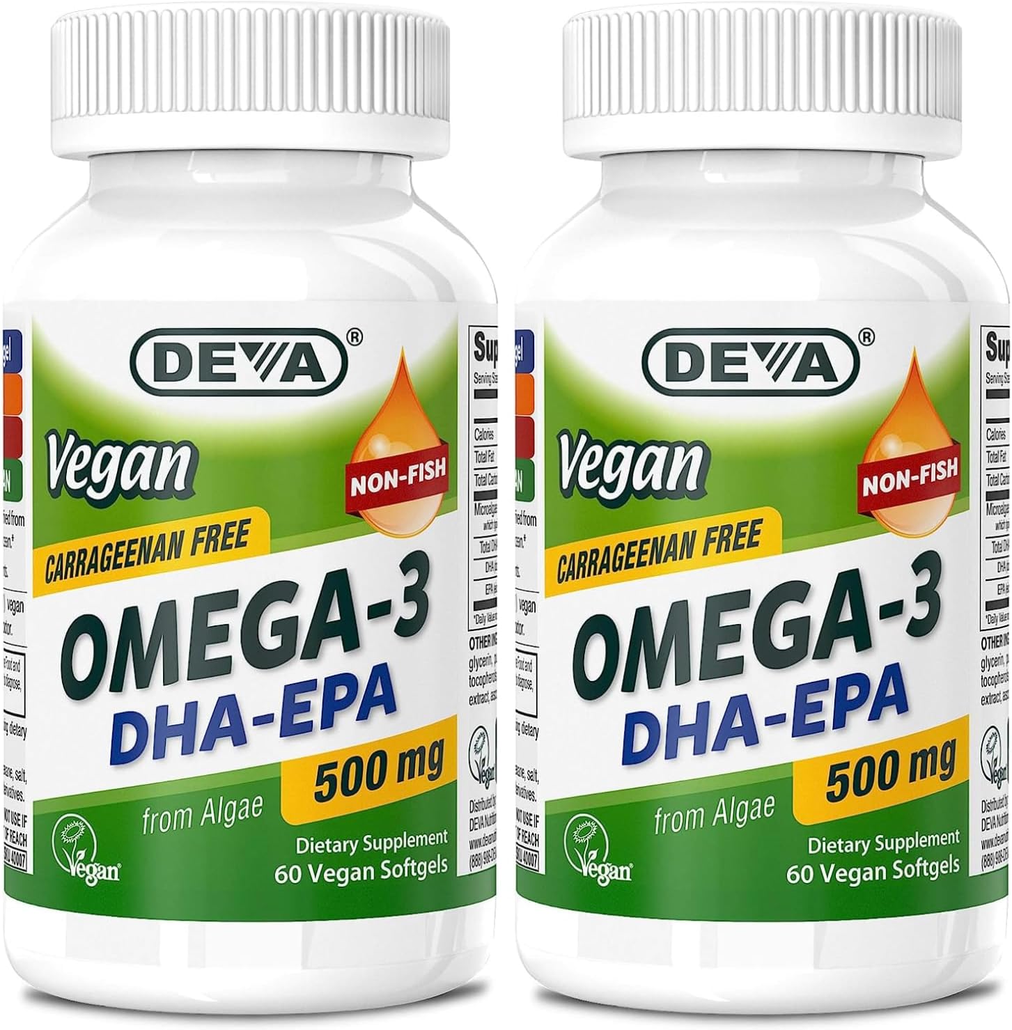 DEVA Vegan Omega-3 DHA-EPA 500MG 2-Pack \u2013 No Carrageenan, Non-Fish Oil Derived from Algae, Non-GMO, 60 Gelatin-Free Softgels Ea