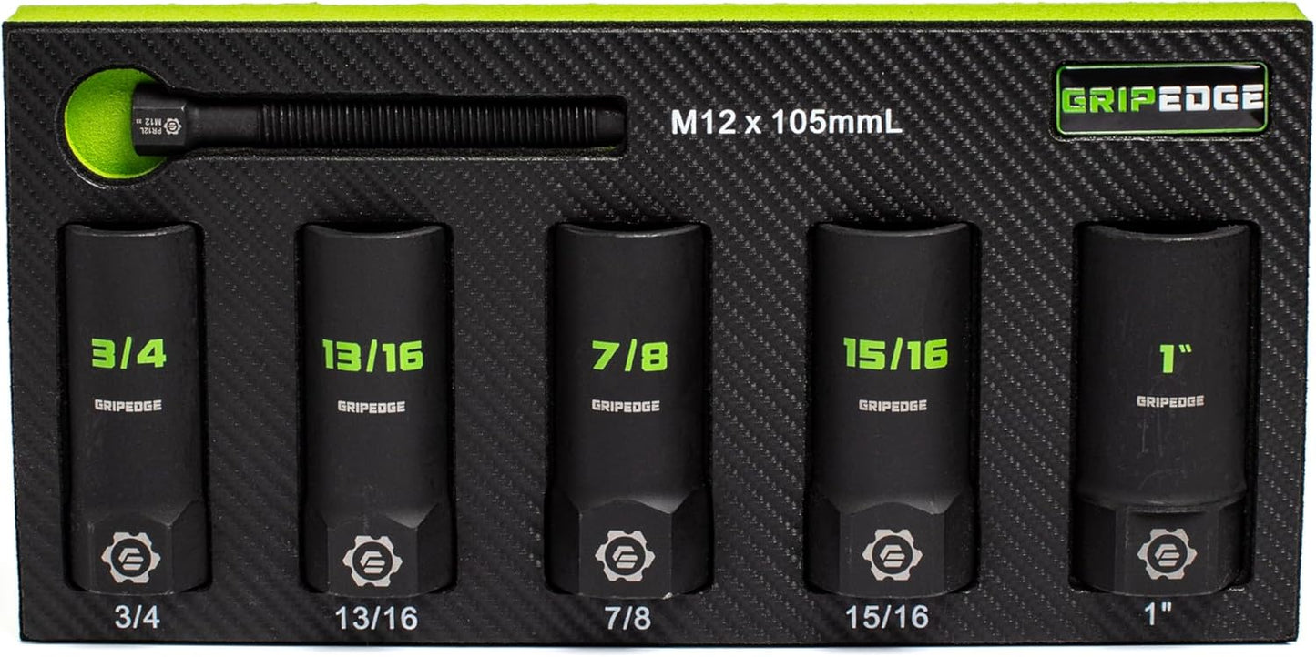 GRIPEDGE Tools | 5-PC – 1/2'' Drive Deep SAE RPT Socket Extractor Set | Sizes 3/4'' – 1'' | Removes Broken Studs, Stripped Bolts and Lug Nuts | Includes Premium EVA Foam Storage|