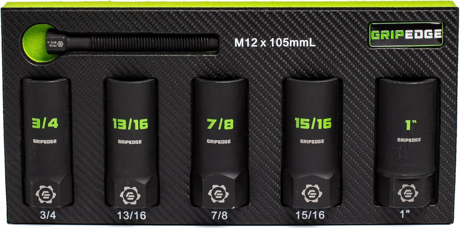 GRIPEDGE Tools | 5-PC – 1/2'' Drive Deep SAE RPT Socket Extractor Set | Sizes 3/4'' – 1'' | Removes Broken Studs, Stripped Bolts and Lug Nuts | Includes Premium EVA Foam Storage|