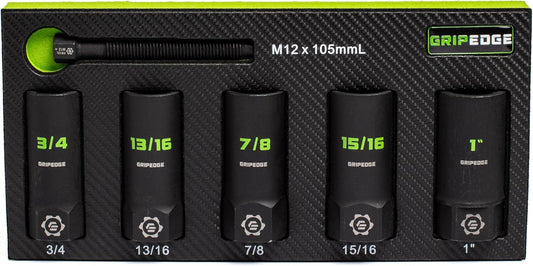 GRIPEDGE Tools | 5-PC – 1/2'' Drive Deep SAE RPT Socket Extractor Set | Sizes 3/4'' – 1'' | Removes Broken Studs, Stripped Bolts and Lug Nuts | Includes Premium EVA Foam Storage|