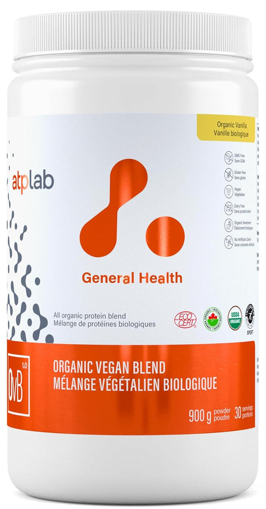 ATP LAB Organic Vegan Blend Powder, 900g 30-Servings - Vanilla Flavour, Gluten-Free and Non-GMO - A Complex of Plant-Based Proteins and Mixture of Enzymes