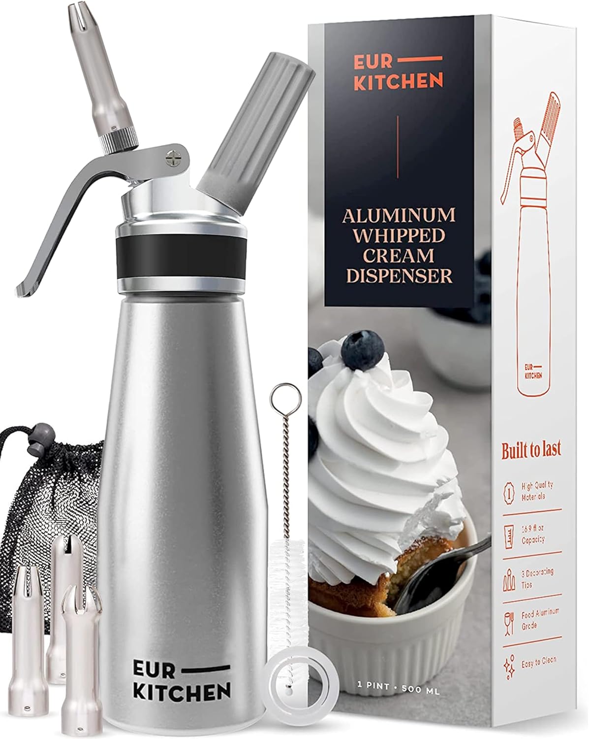 EurKitchen Professional Aluminum Whipped Cream Dispenser - Leak-Free Whip Cream Maker Canister with 3 Decorating Nozzles & Cleaning Brush - 1-Pint \/ 500 mL Cream Whipper - N2O Chargers (Not Included)