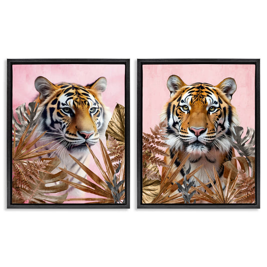 Stupell Industries  Fierce Tigers and Gold Leaves 2pc Floating Frame Set Design by Kim Allen