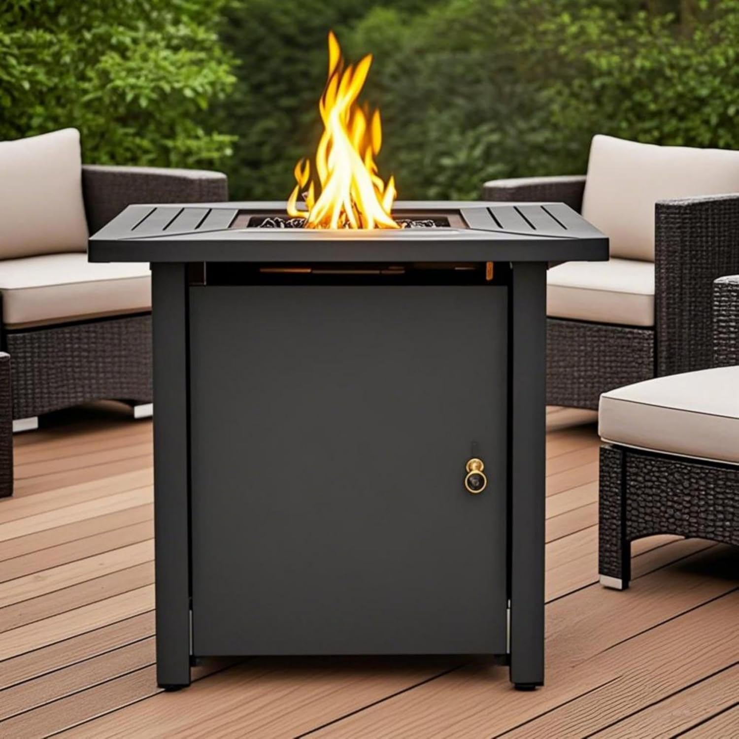 KT Rolster 30" Propane Gas Fire Pit Table, 50000 BTU Outdoor Steel Square Tabletop Fire Pits, Modern Smokeless Deck Safe Firepit with Removable Anti-Rust Lid for Outside Patio, Garden, Black