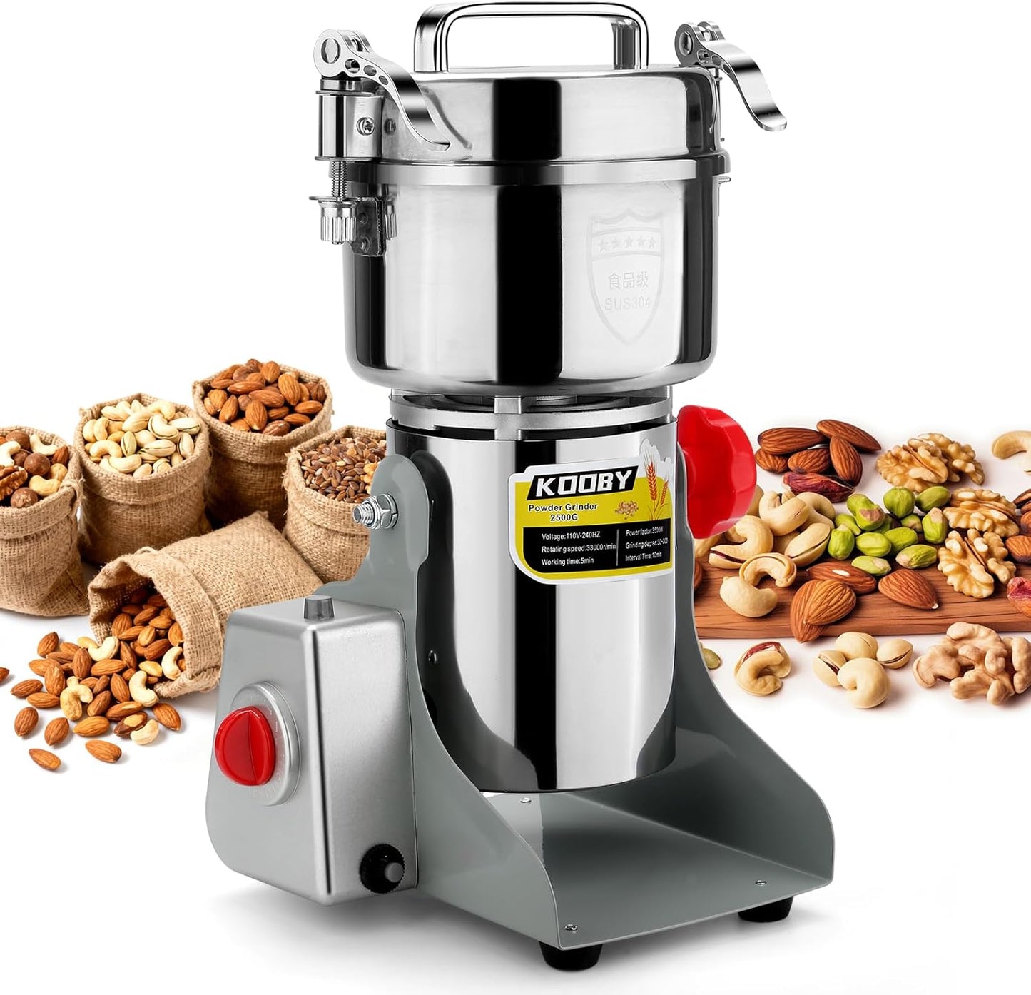 2500G Electric Grain Grinder Mill, 3500W Swing-Type 304 Dry Cereals Pulverizer Makes Dry Goods, Spices, Coffee, Pepper, Etc., Commercial 110V High-speed Superfine Machine (2500G Swing Type)