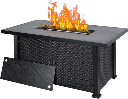52 Inch Propane Fire Pit Table for Patio, 50,000 Btu Outdoor Gas Fire Pit with Lid, Rectangular Black Fire Pit Table with Rain Cover for Balcony Backyard Garden