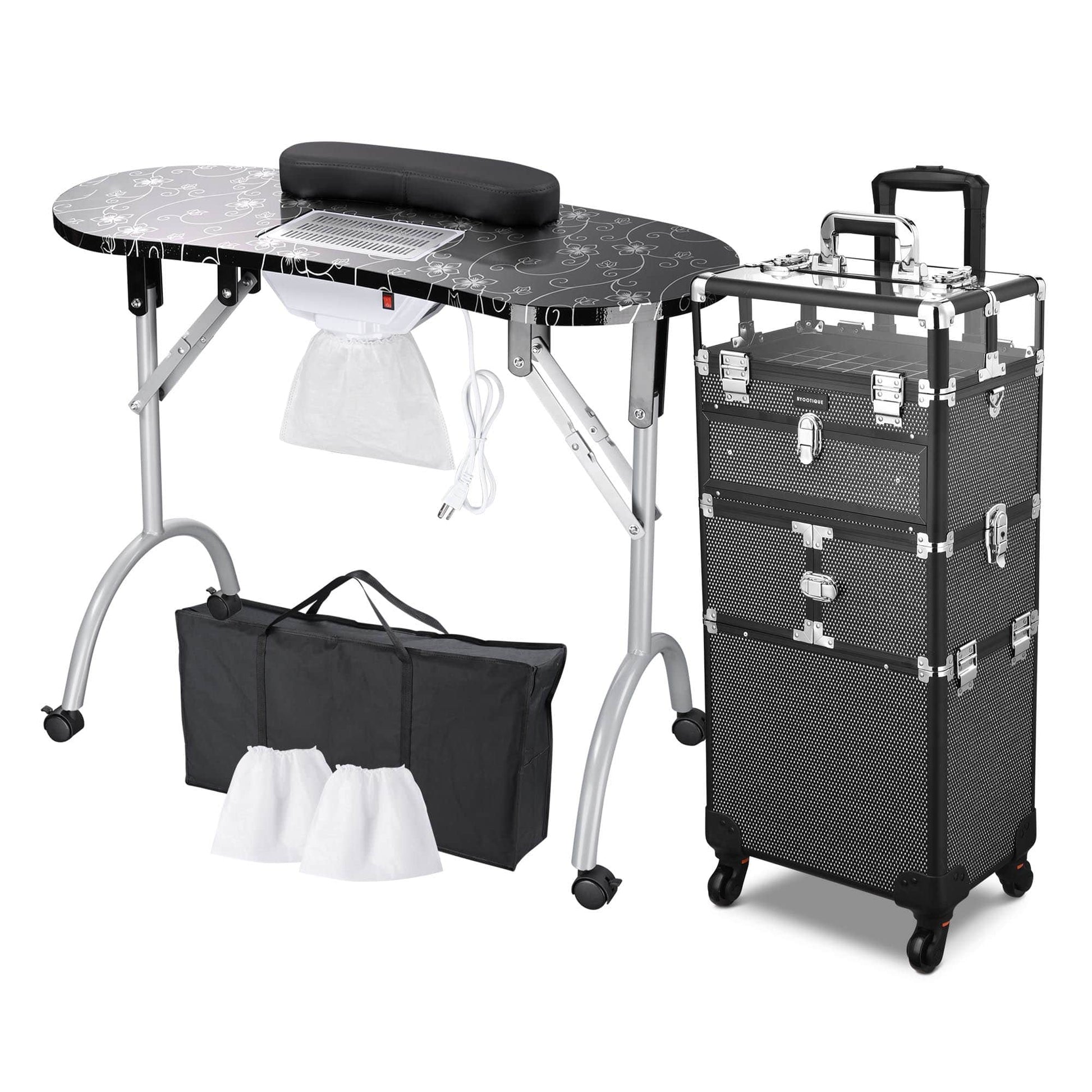Yescom Byootique Folding Manicure Nail Table 2in1 Rolling Makeup Train Case Kit Manicure Cosmetic Trolley Travel Organizer Nail Case  Black