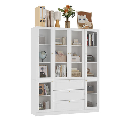 Homsee 63 in White Wood Bookcase Storage Cabinet with Acrylic Glass Doors and 3 Drawers