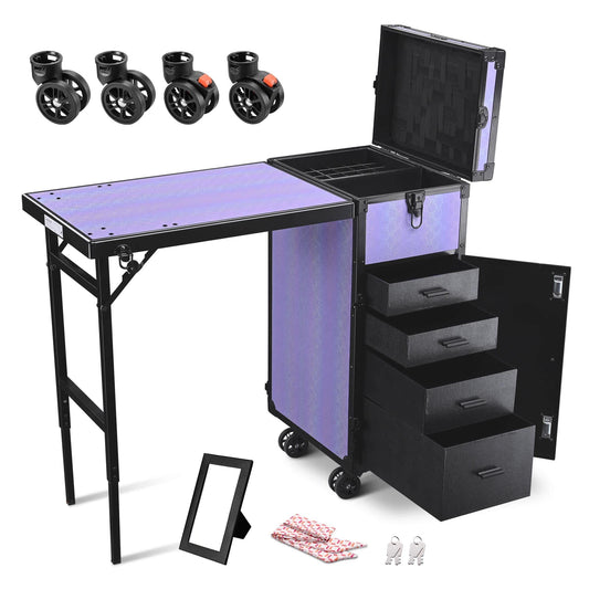 Yescom Byootique Rolling Makeup Train Case Nail Table w/ 4pcs Replacement Wheels Purple