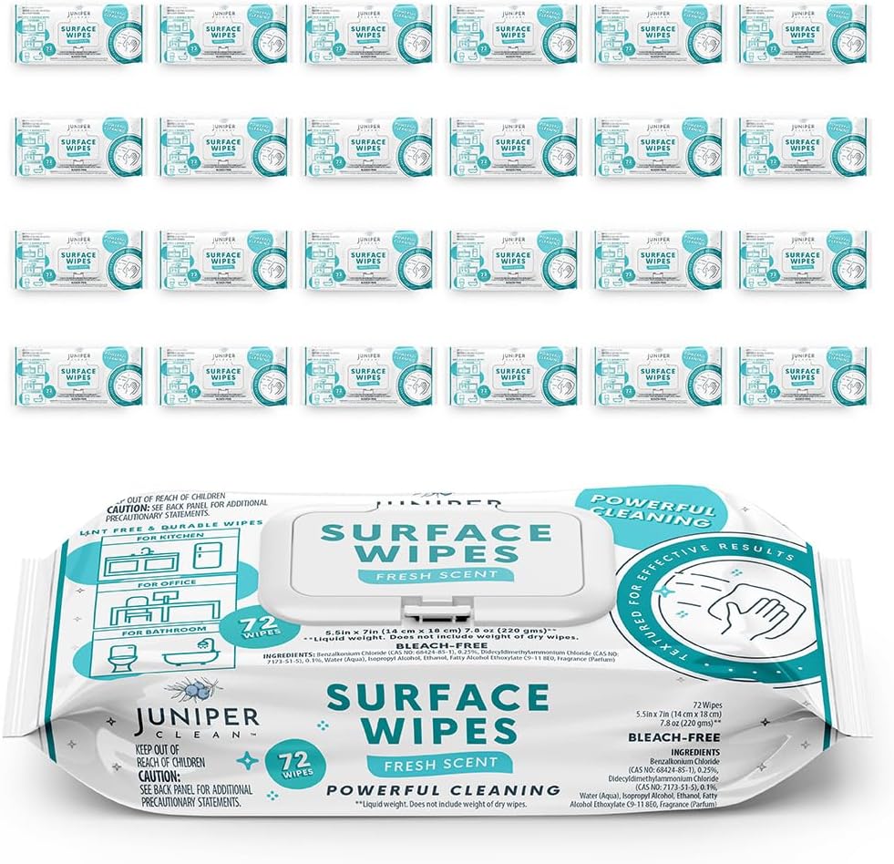 Juniper CLEAN 24 Pack Surface Cleaning Wipes Bleach Free, All-Purpose Cleaner for Bathroom, Kitchen, Office, 1728 Count Soft Flow, Fresh Scent, Bleach Free, Lint Free, Durable