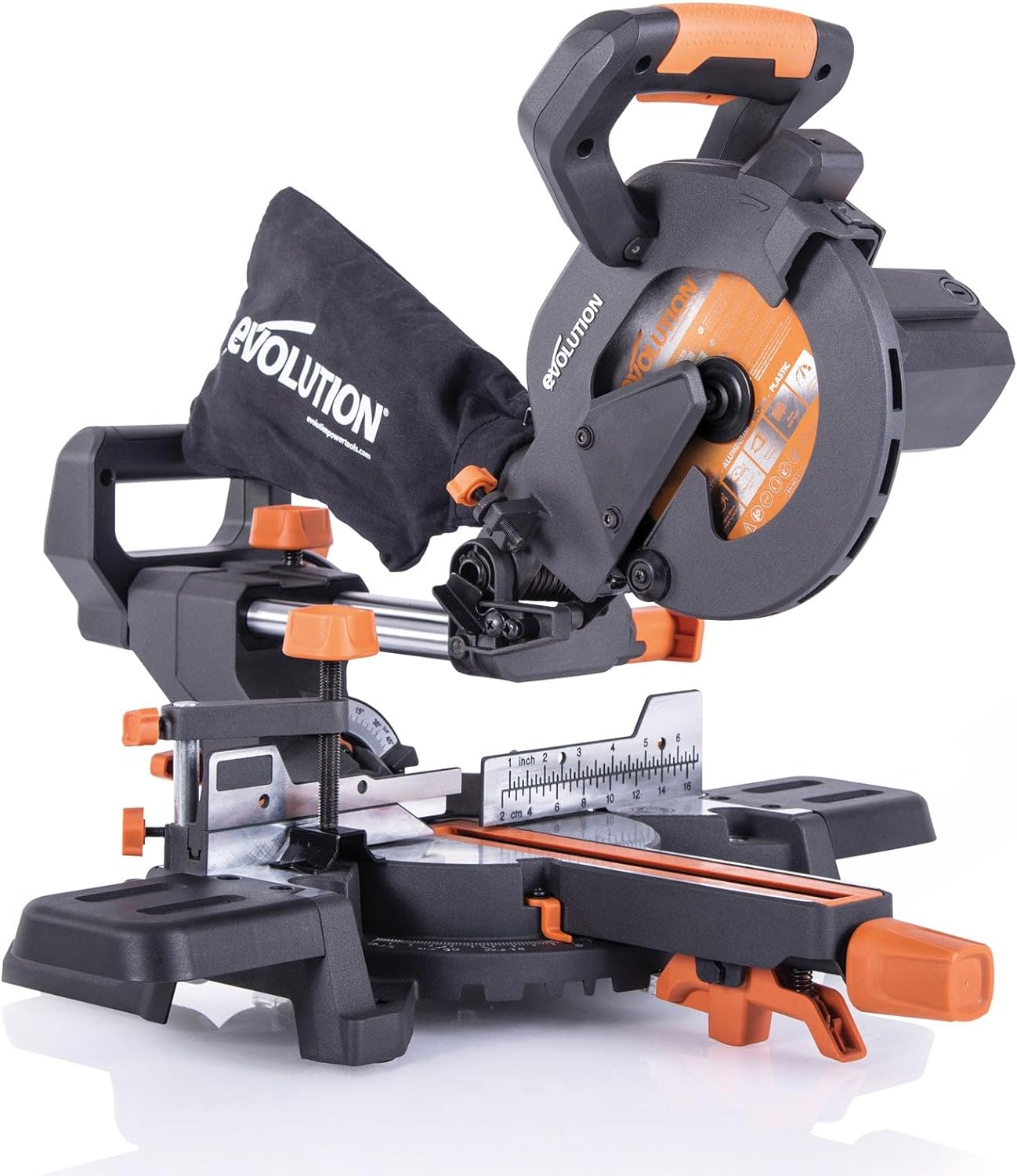 Evolution Power Tools R185SMS+ Sliding Miter Saw with Multi-Material Cutting, 45 Degree Bevel, 50 Degree Miter, 210 mm Slide, Blade Included Cuts Wood Plastic Metal & More, 7-1\/4"