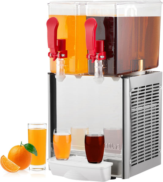 Commercial Beverage Dispenser, 20L Dual Tank Drink Machine, 10L Per Tank, Stainless Steel Ice Tea Dispenser with Rapid Cooling (41°F-54°F), Food-Grade Juice Dispenser for Restaurants, Bars, and Partie