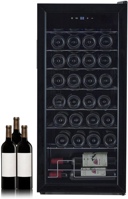 Dual Zone Wine Fridge, 32 Bottle Freestanding Wine & Beverage Refrigerator, Fast Cooling & Low Noise, Wine Chiller for Home Bar, Kitchen or Cellar Use, Ideal for Red/White Wine, Champagne, Beer