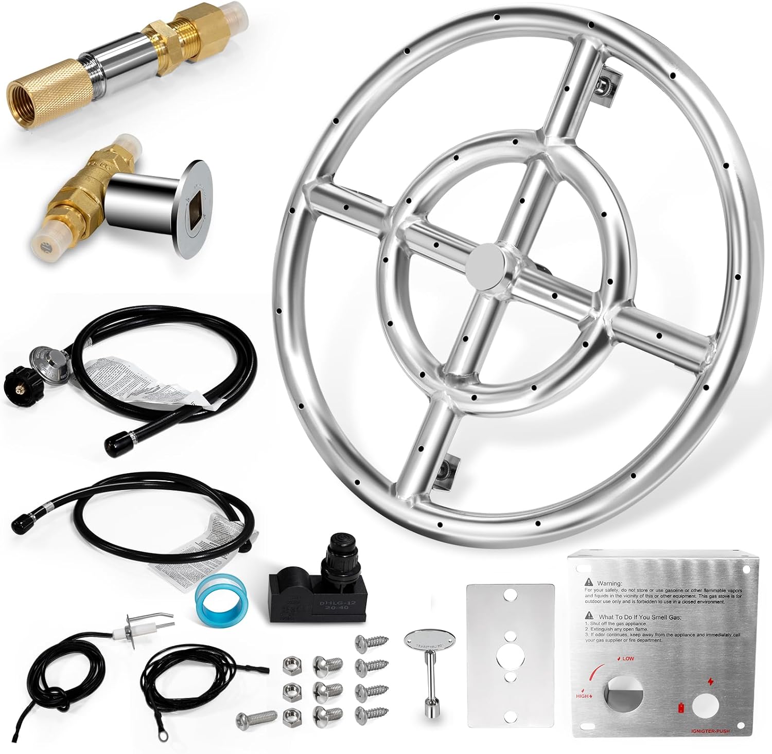 Hiorucet 12 Inch Fire Pit Burner Ring Kits, DIY Propane Gas Firepit Insert Round Burner with Igniter Kits and Propane Hose Kits for Indoor or Outdoor, Stainless Steel LP Fire Pit Replacement Parts.