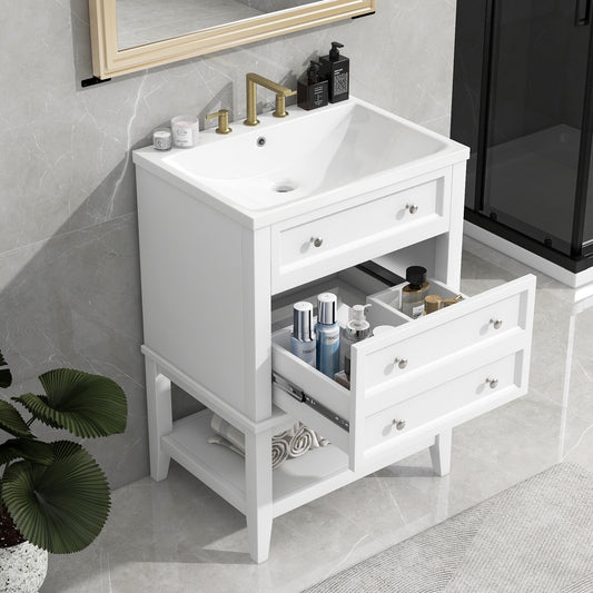 Tatayosi 24inch White Bathroom Vanity With Sink Bathroom Storage Cabinet with Drawer and Open Shelf Solid Wood Frame