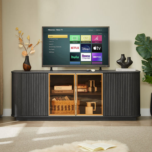 LOVMOR 64 Inch Wavy TV Cabinet Round Sideboard Wooden Vertical Stripe Storage Cabinet Aluminum Door Framed Tempered Glass Cabinet