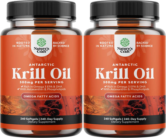 Antarctic Krill Oil 500mg Softgels - Omega 3 Krill Oil Supplement with EPA DHA & Astaxanthin for Brain Joint & Heart - 3rd Party Lab Tested No Gluten GMOs or Fishy Aftertaste - 2 Packs