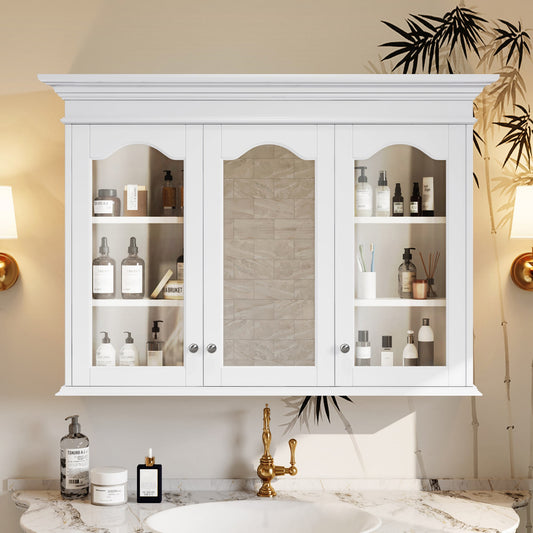 AAZJ Medicine Cabinet with Mirror 40-in x 28-in Fog Free Surface Mount White Mirrored Oval Medicine Cabinet