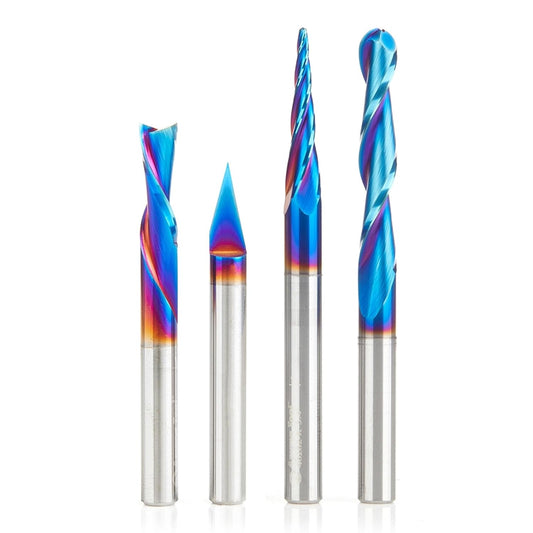 Amana Tool Solid Carbide CNC Signmaking and Engraving Router Bit Pack, AMS-188-K 4-Pc, 1/4 Inch Shank