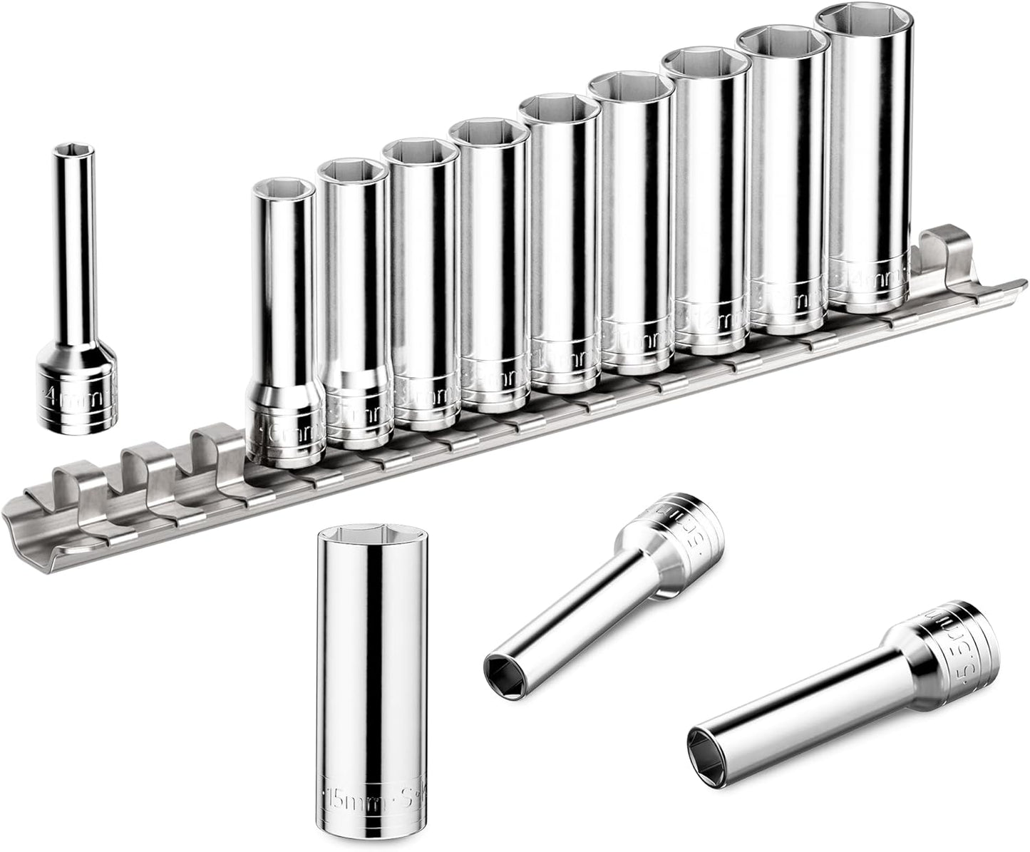 SK Tools USA 1/4"Drive Socket Set, Deep Metric Sockets, 13-Piece 4-15mm, SuperKrome Finish, Premium CR-V Construction, 6 Point , with Storage Rail