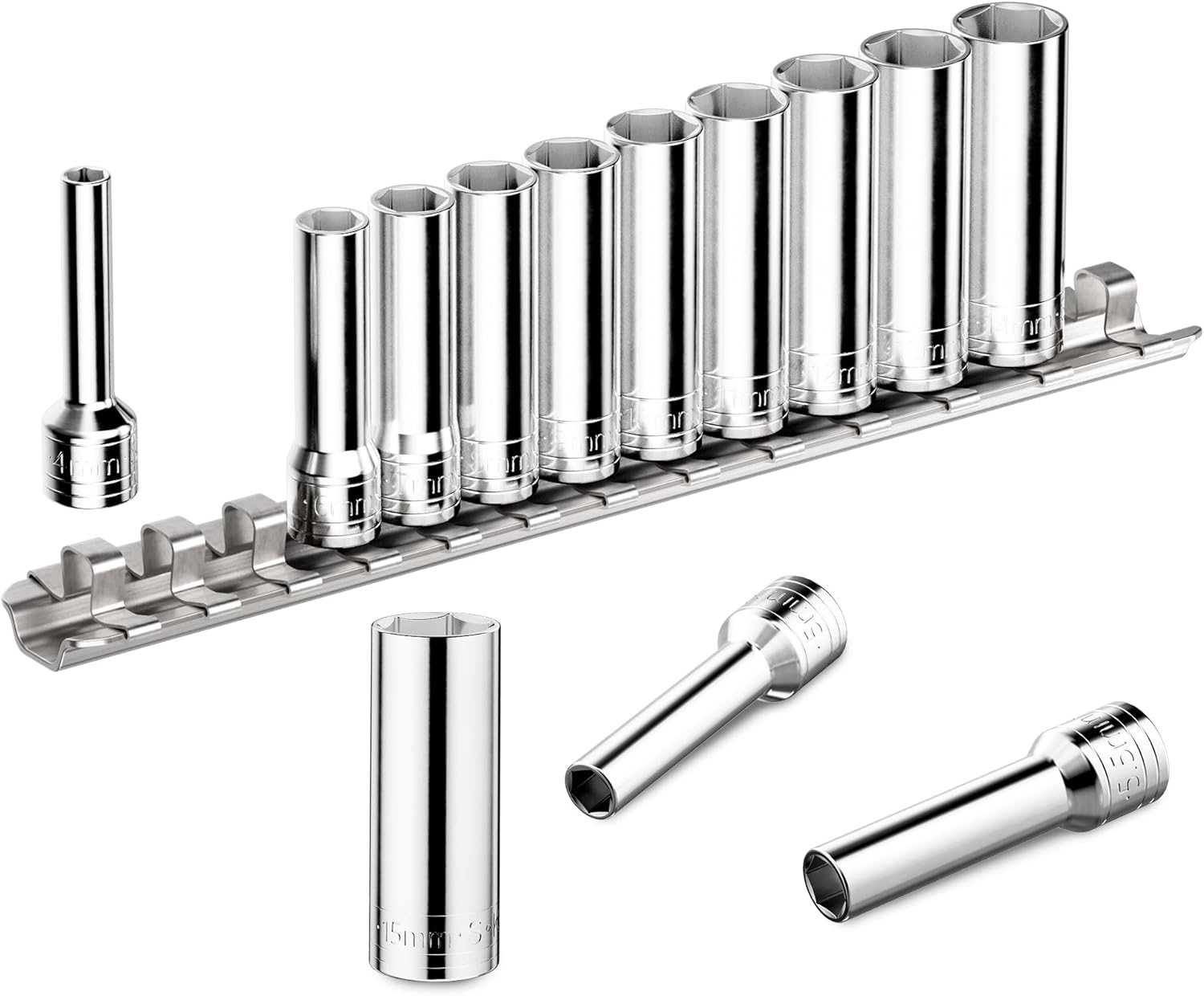 SK Tools USA 1/4"Drive Socket Set, Deep Metric Sockets, 13-Piece 4-15mm, SuperKrome Finish, Premium CR-V Construction, 6 Point , with Storage Rail