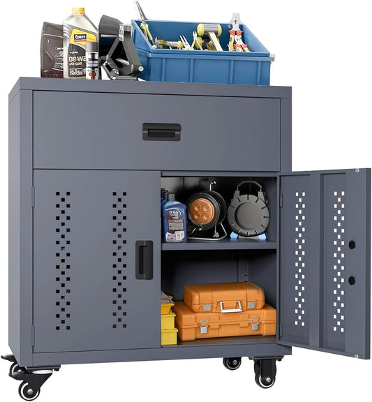 KAER Metal Garage Storage Cabinet with Wheels Tool Chest with Drawer 2 Doors and Adjustable Shelf for Warehouse Garage Basement Repair Shop - Assembly Required (31.5" H x 31.5" W x 16.5" D)