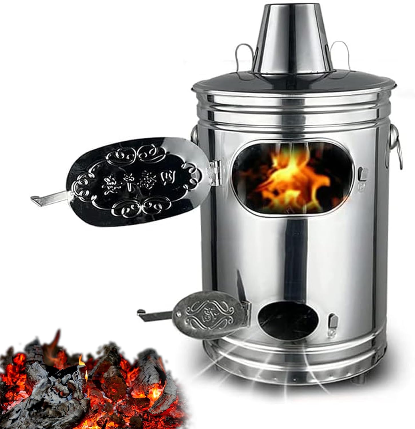 Burn Barrel Incinerator, Portable Stainless Steel Garden Bin with Fire Hook & Support for Burning Leaves, Yard Waste, and Debris