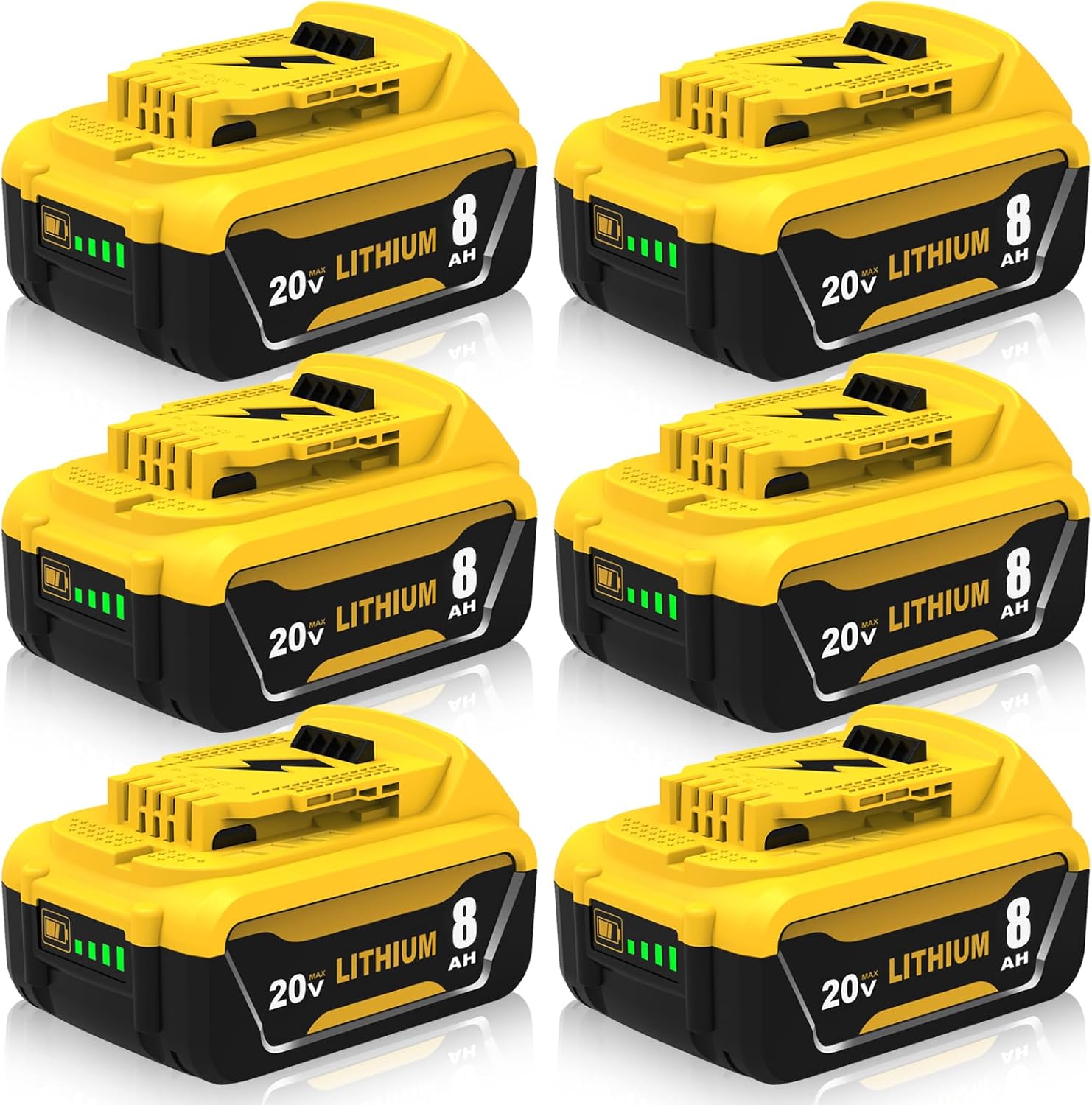 6-Pack 8000mAh Replacement for Dewalt 20V Battery Lithium Compatible with Dewalt 20 Volt Max Battery DCB206 DCB207 DCB204 DCB201 DCB200 DCD\/DCF\/DCG Series Power Tools(Yellow)