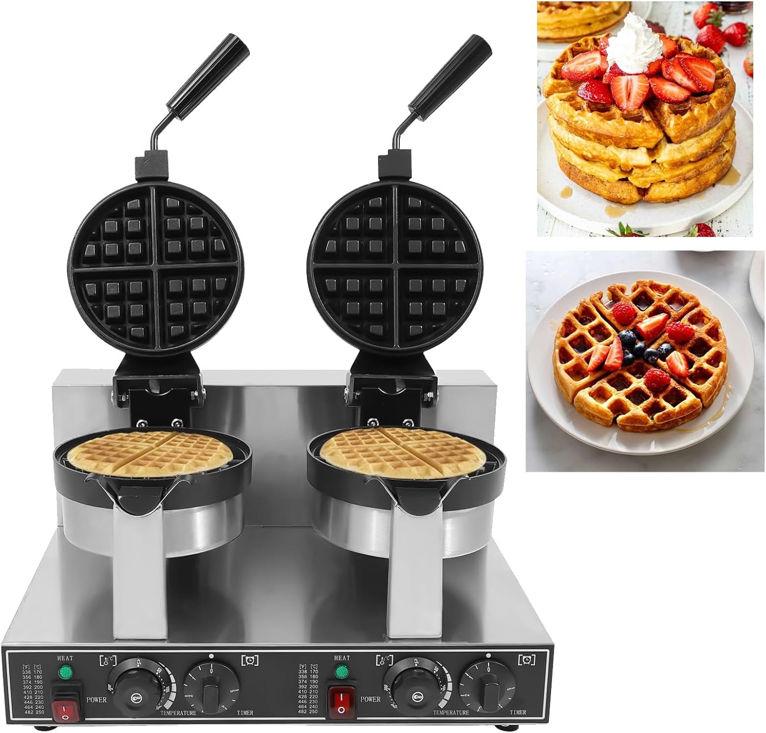 2400W Commercial Waffle Maker, Dual-Head Round Waffles Baker Machine with Temp and Time Control,Rotating Waffle Iron,for Home Kitchen Restaurant
