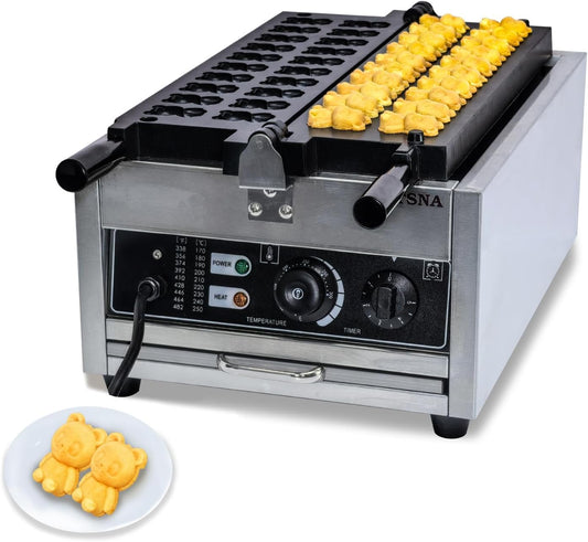 Commercial Bear Waffle Maker, 20 PCS Mini Animal Waffle Baker Machine, 2000W Non-Stick Stainless Steel Waffle Iron with Temp and Time Control, Handle, for Restaurant Bakery Snack Bar Family