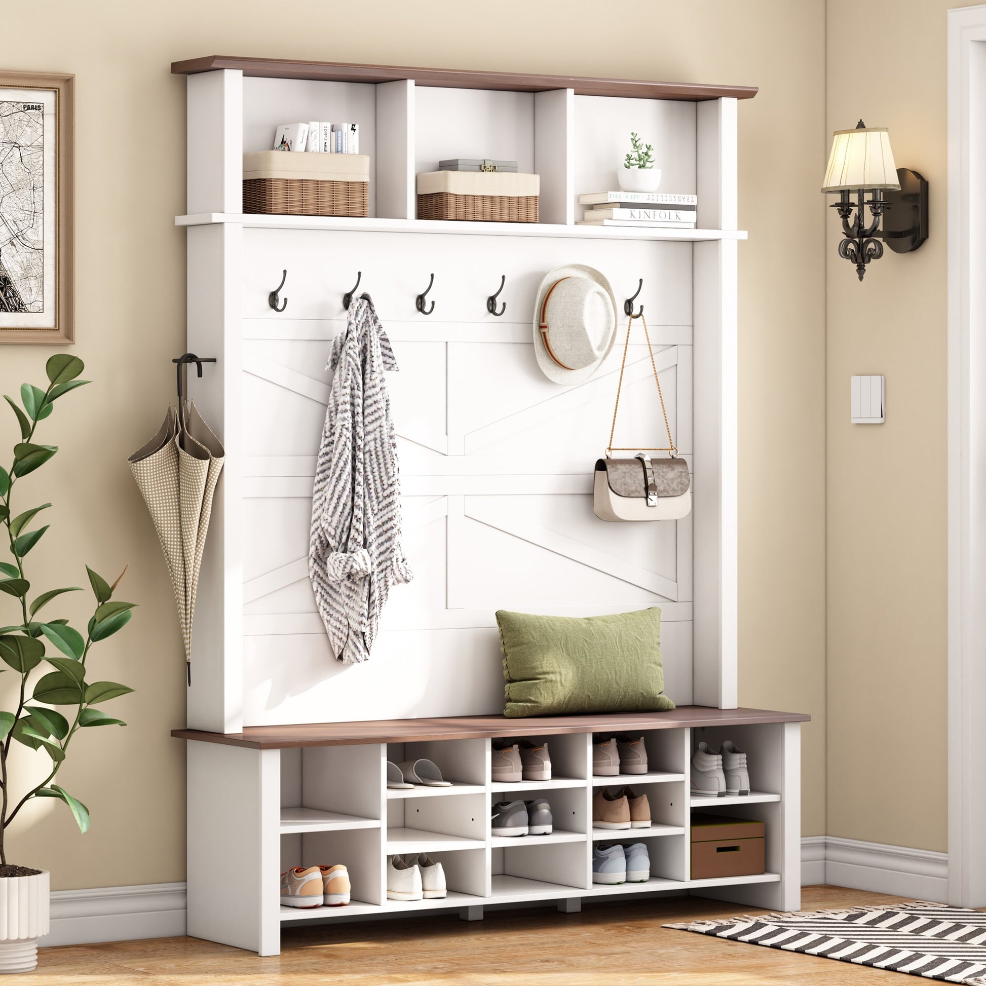 ModernLuxe Farmhouse 4in1 Hall Tree with 6 HooksPractical Walnut Entryway Bench with Adjustable Shelves Wooden Style Rustic Shoe Organizer with 16 Open Compartments for MudroomLiving RoomWhite