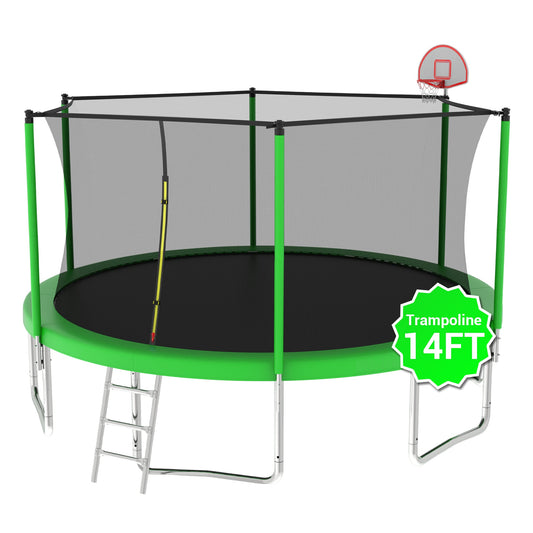 Fun Orange Heavy Duty Trampoline for Kids and Adults 14-ft Round Backyard in Green