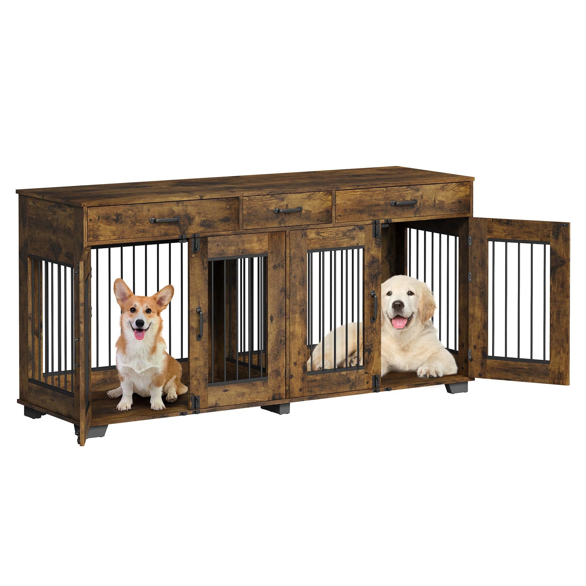 Qeetex 71-Inch Wooden Dog Crate Furniture-For 2 Dogs-3 Drawers-Removable Divider-XXL Double Kennel-TV Stand-Rustic Brown