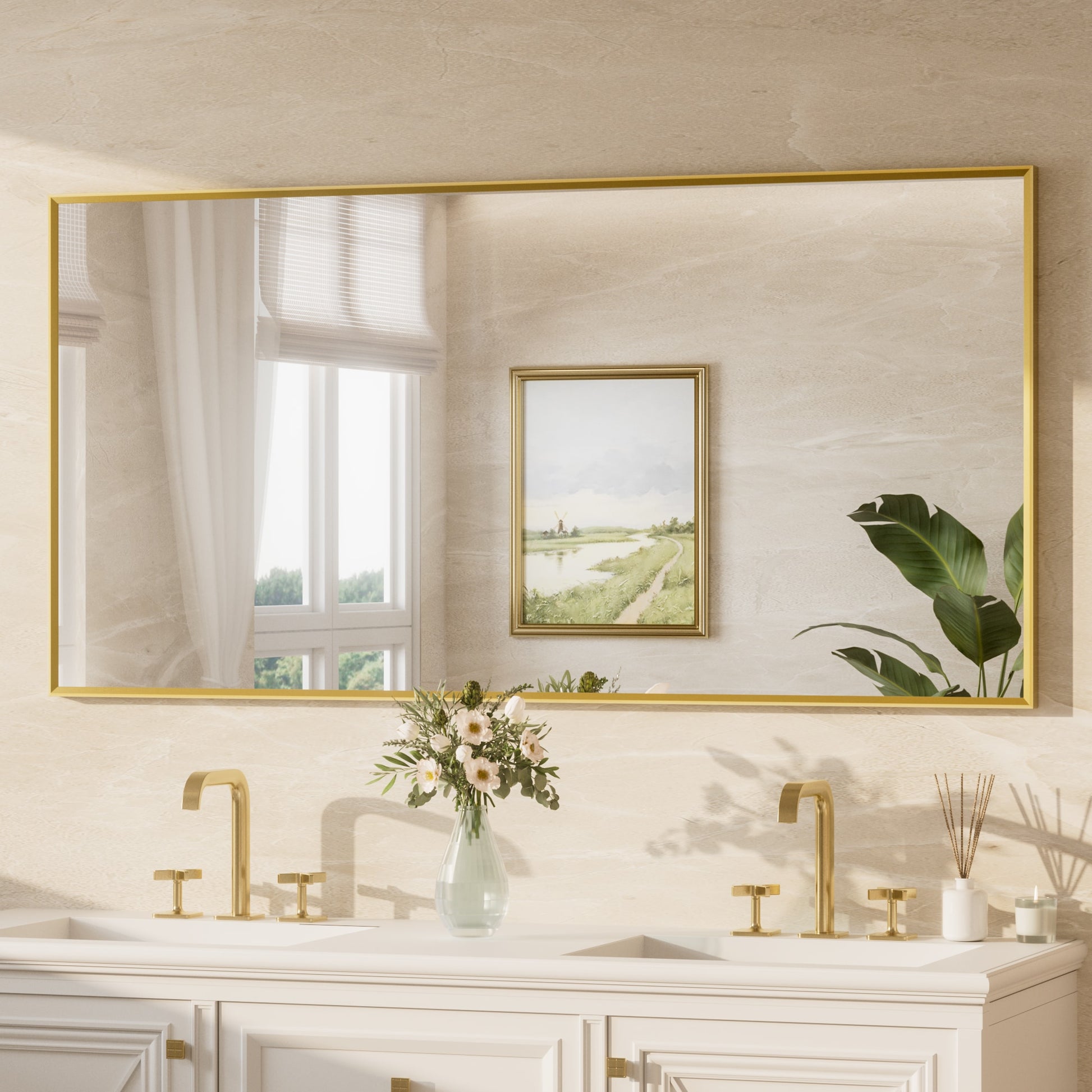 Keonjinn Bathroom Mirrors 60-in W x 30-in H Rectangle Brushed Gold Framed Wall Mirror