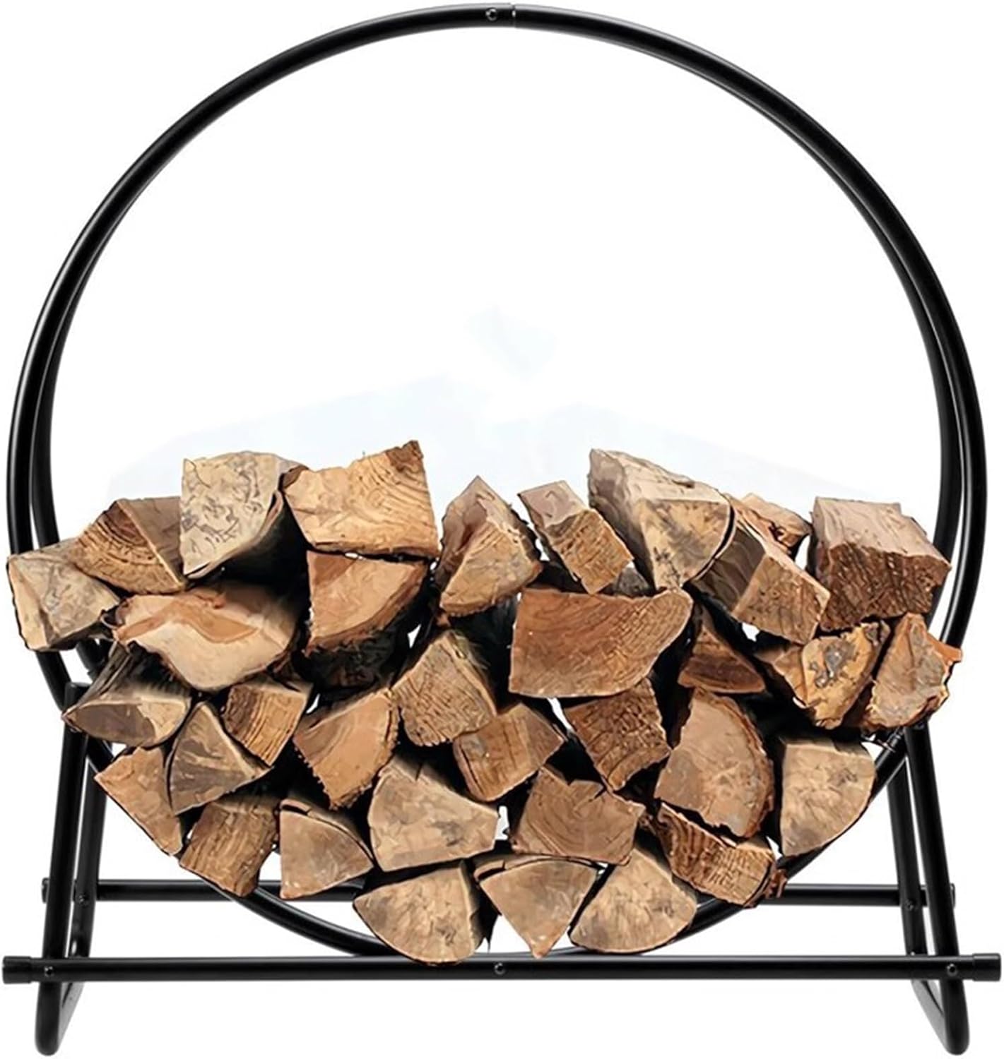 30" Medium Metal Firewood Racks Log Hoop, Round Weather-Resistant Lumber Storage Rack, Black Firepit Holder for Deck Yard Lawn Garden,