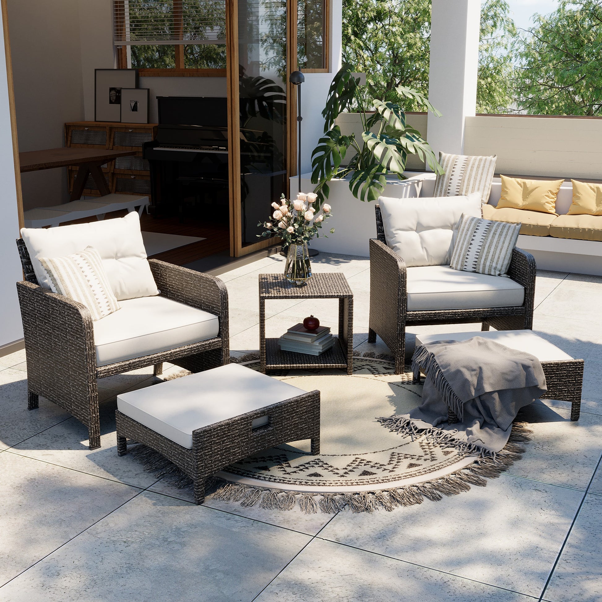 PamaPic 5-Piece Patio Conversation Set 5 -Piece Wicker Patio Conversation Set with Gray Pamapic Cushions