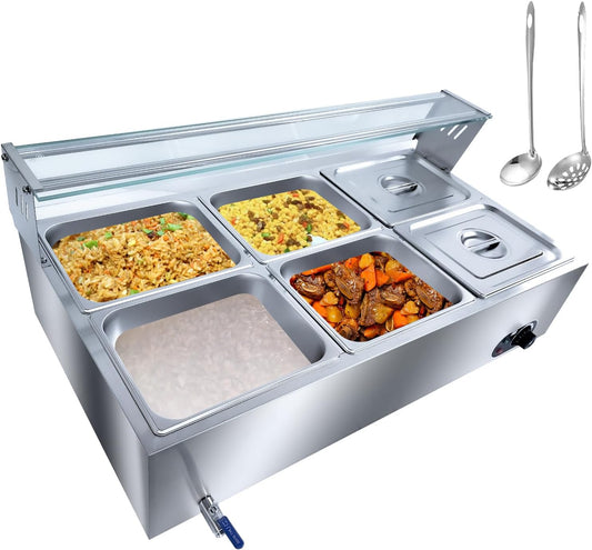 6-Pan Commercial Food Warmer, 72 Qt Electric Steam Table, Stainless Steel Bain Marie with Tempered Glass Cover, 1500W Countertop Food Warmer 86-185°F Temp Control for Catering, Restaurant, Silver