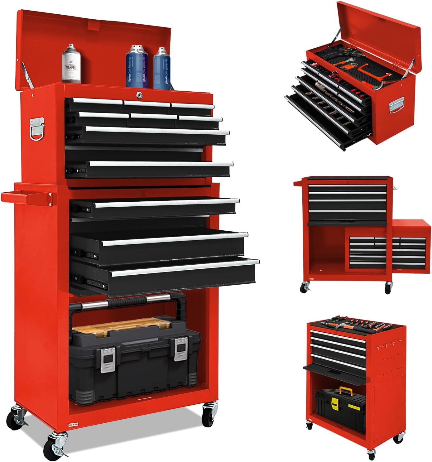 13-Drawer Tool Chest with Tool box and wheels, Large Detachable Toolbox with Sliding Drawers, Mechanic Storage Cabinets, Metal Tool Cart for Garage Workshop (BLACK＆Red)