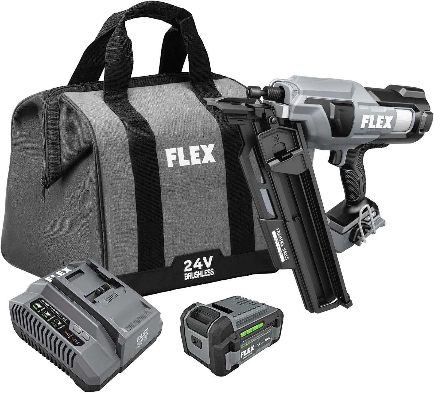 FLEX 24V 21° Framing Nailer Kit with 5.0Ah Lithium Battery and 160W Fast Charger - FX4351A-1C