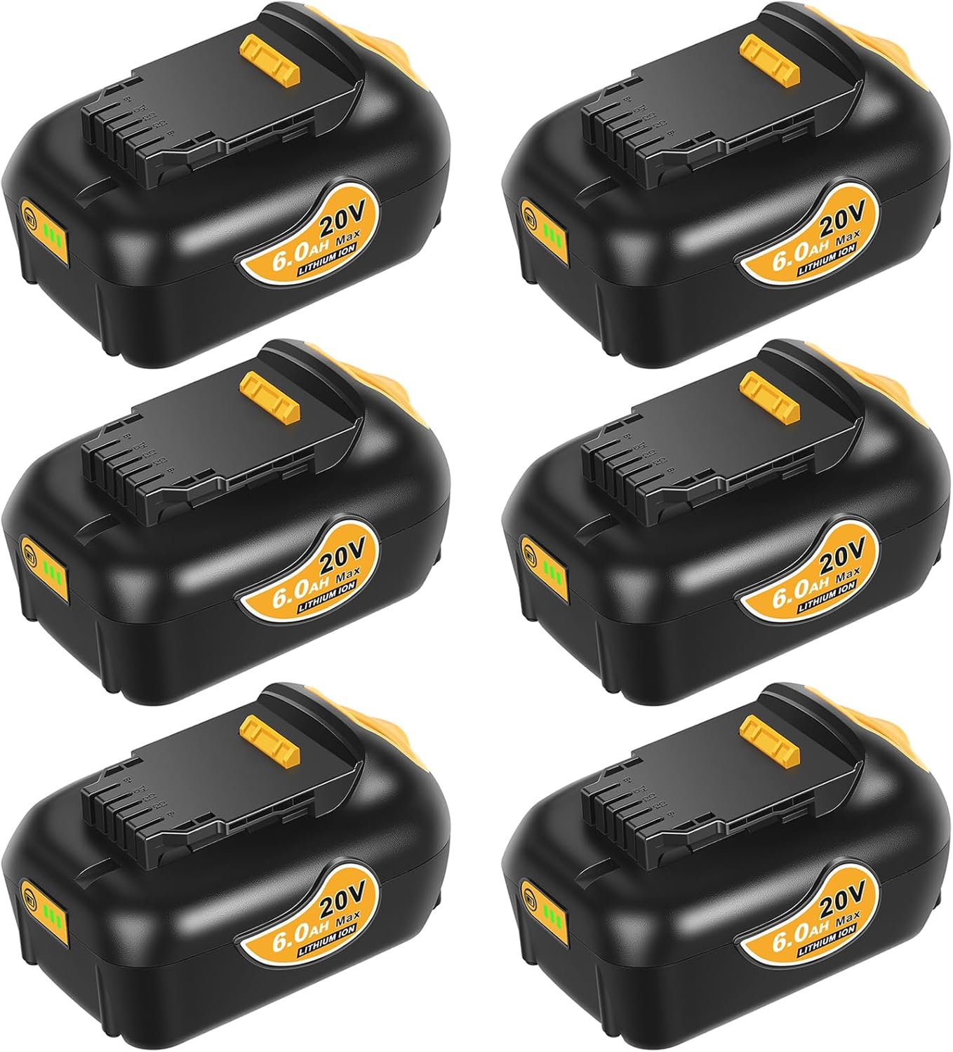 6-Packs 6000mAh Lithium-Ion Batteries, Replacement for Dewalt 20V max Battery, Compatible with Dewalt 20 Volt Battery Chargers and Tools