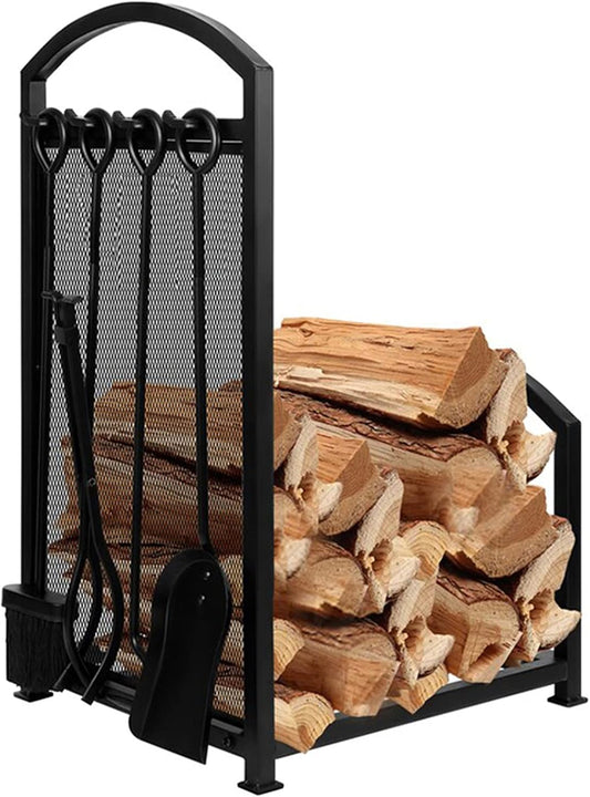 Firewood Storage Rack with 4 Fireplace Tools Heavy Duty Indoor/Outdoor Organizer for Lumber Stacking